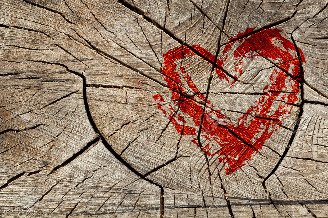 Drawing love symbol on wooden wall. Red heart on a wooden background. Grunge background. Love design. Place for your text.